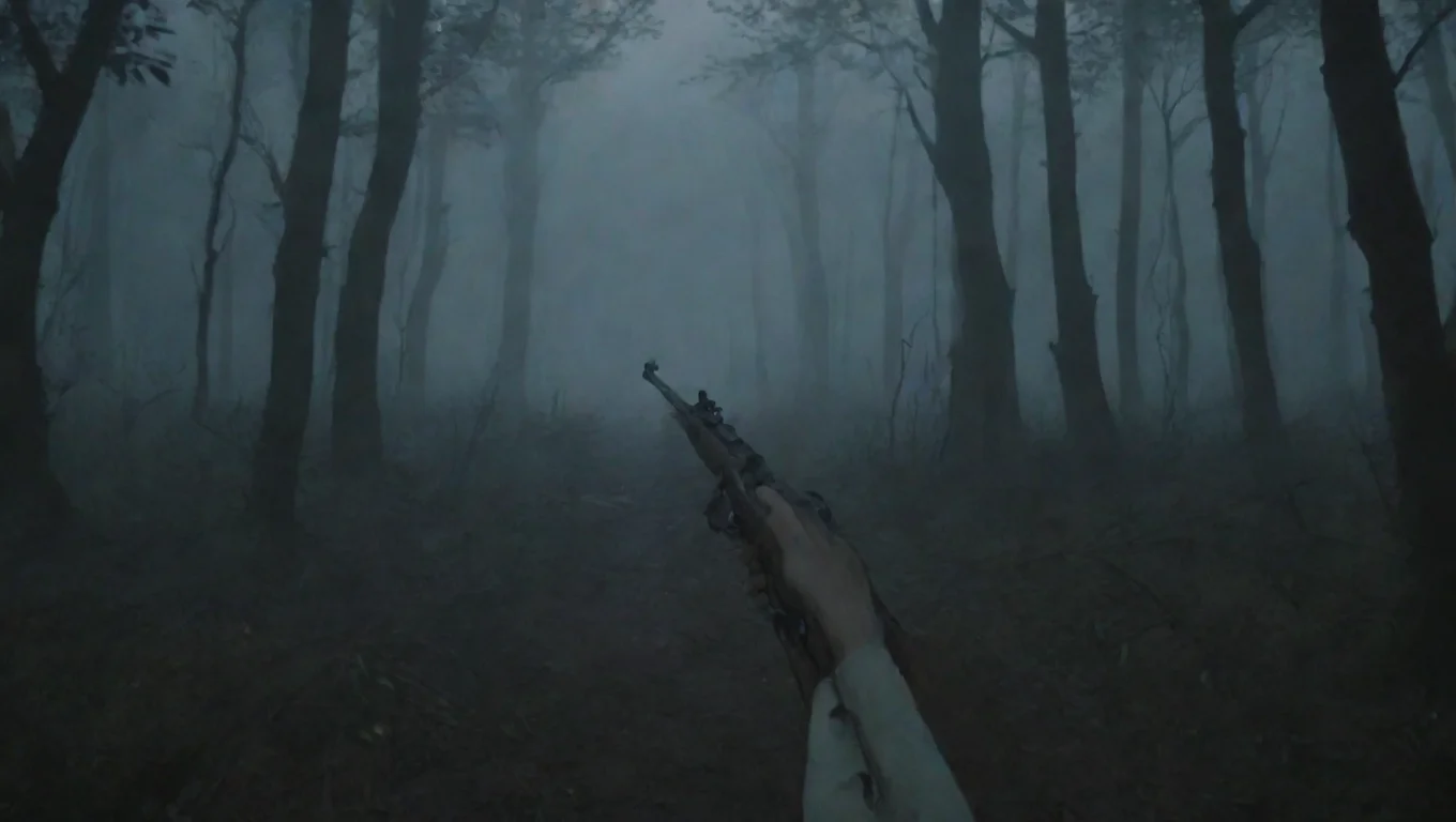 aihigh contrast first person old rifle anime at vampire approaching in woods first person hd ghibli anime aesthetic dark horror 1800 vibe 4 widescreen