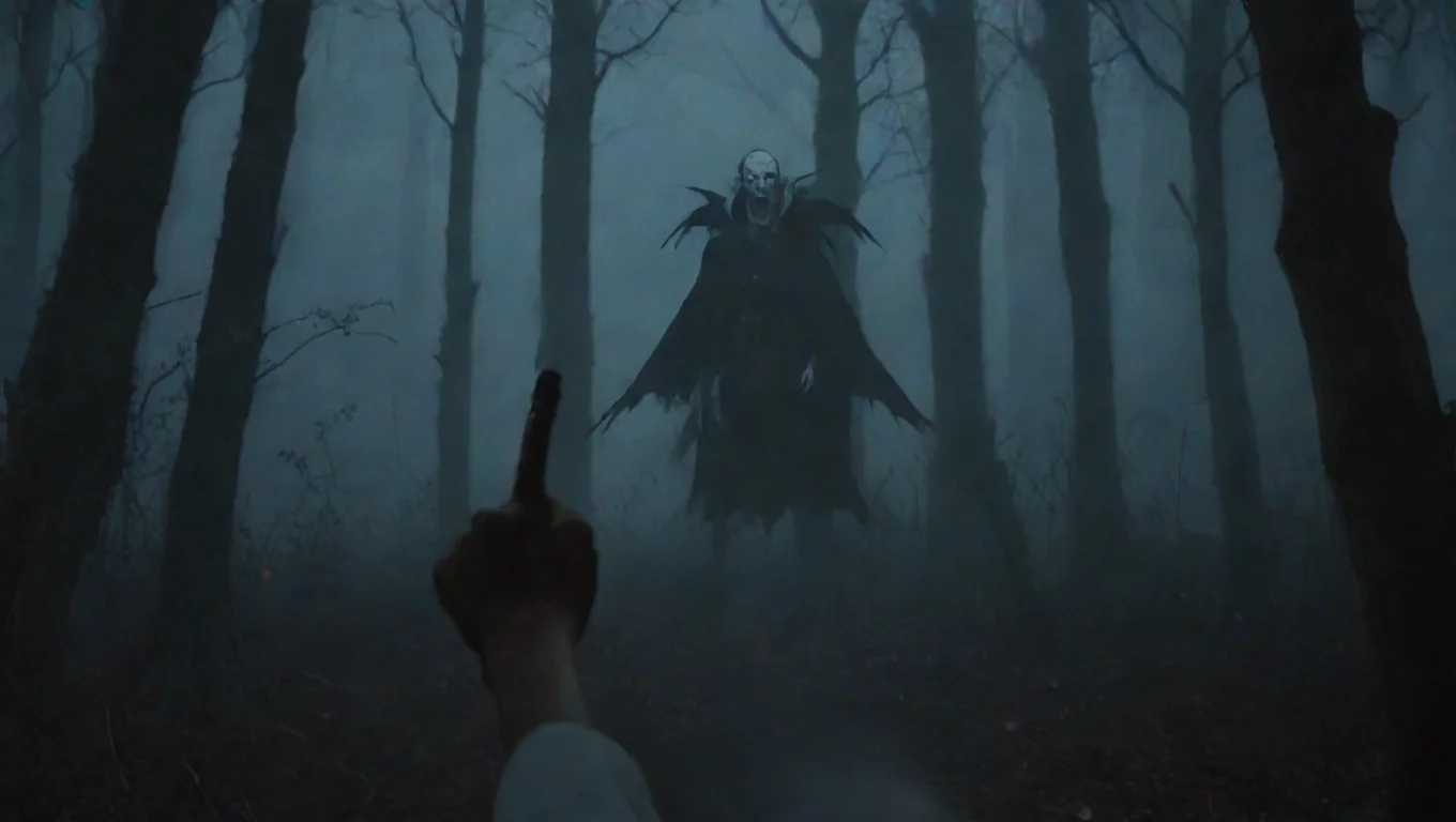 aihigh contrast first person with old rifle pointing at vampire approaching in woods first person hd ghibli anime aesthetic dark horror 1800 vibe 4 widescreen