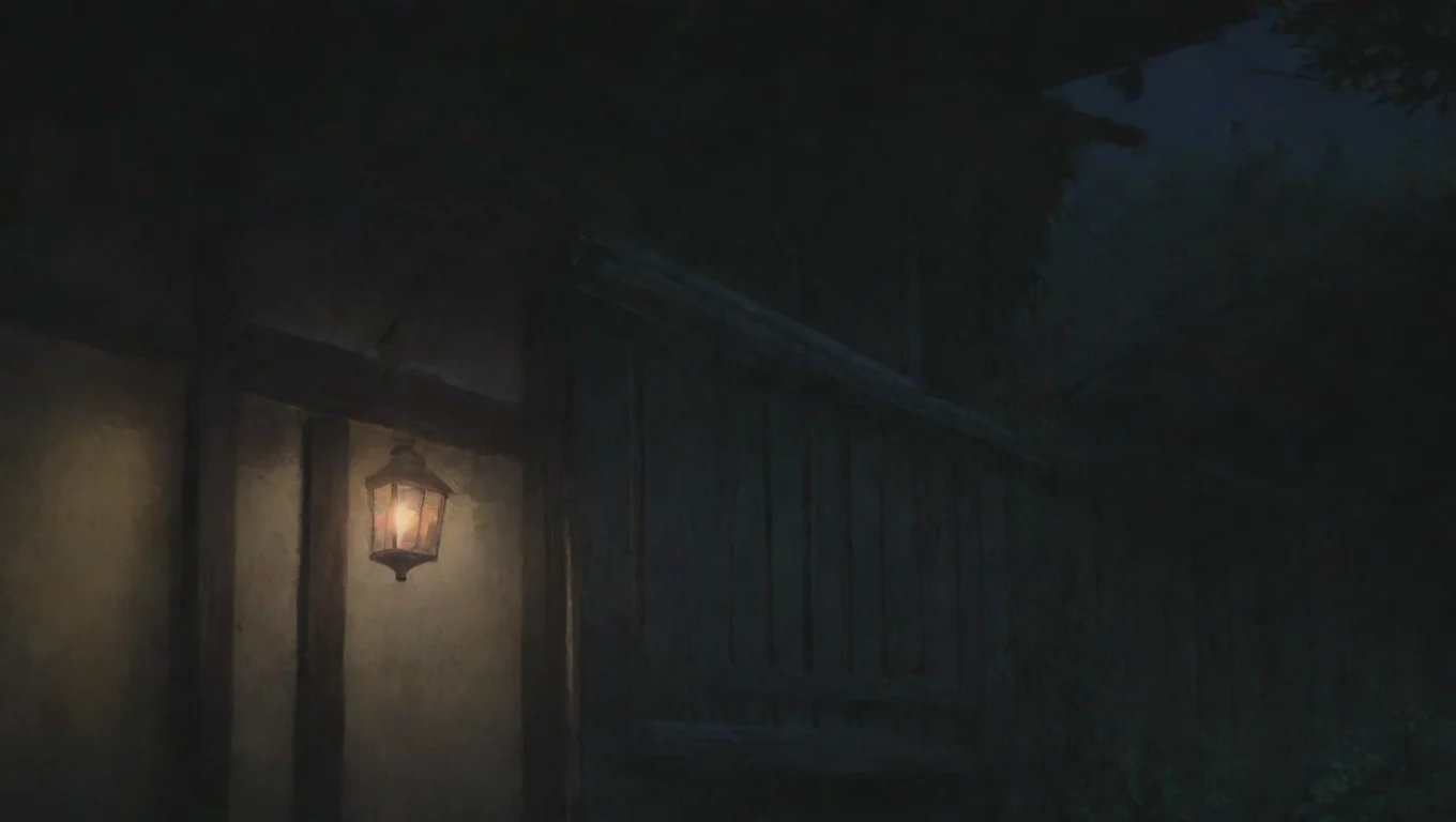 high contrast garlig handing on portch hd ghibli anime aesthetic dark horror 1800 vibe 4 widescreen