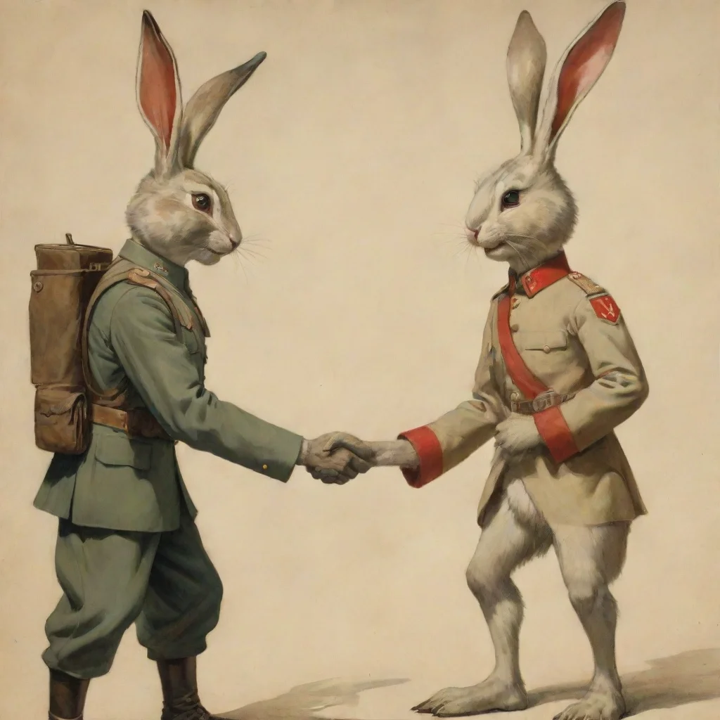 high contrast hd propaganda human soldier shaking hands anthropomorphic rabbit 4