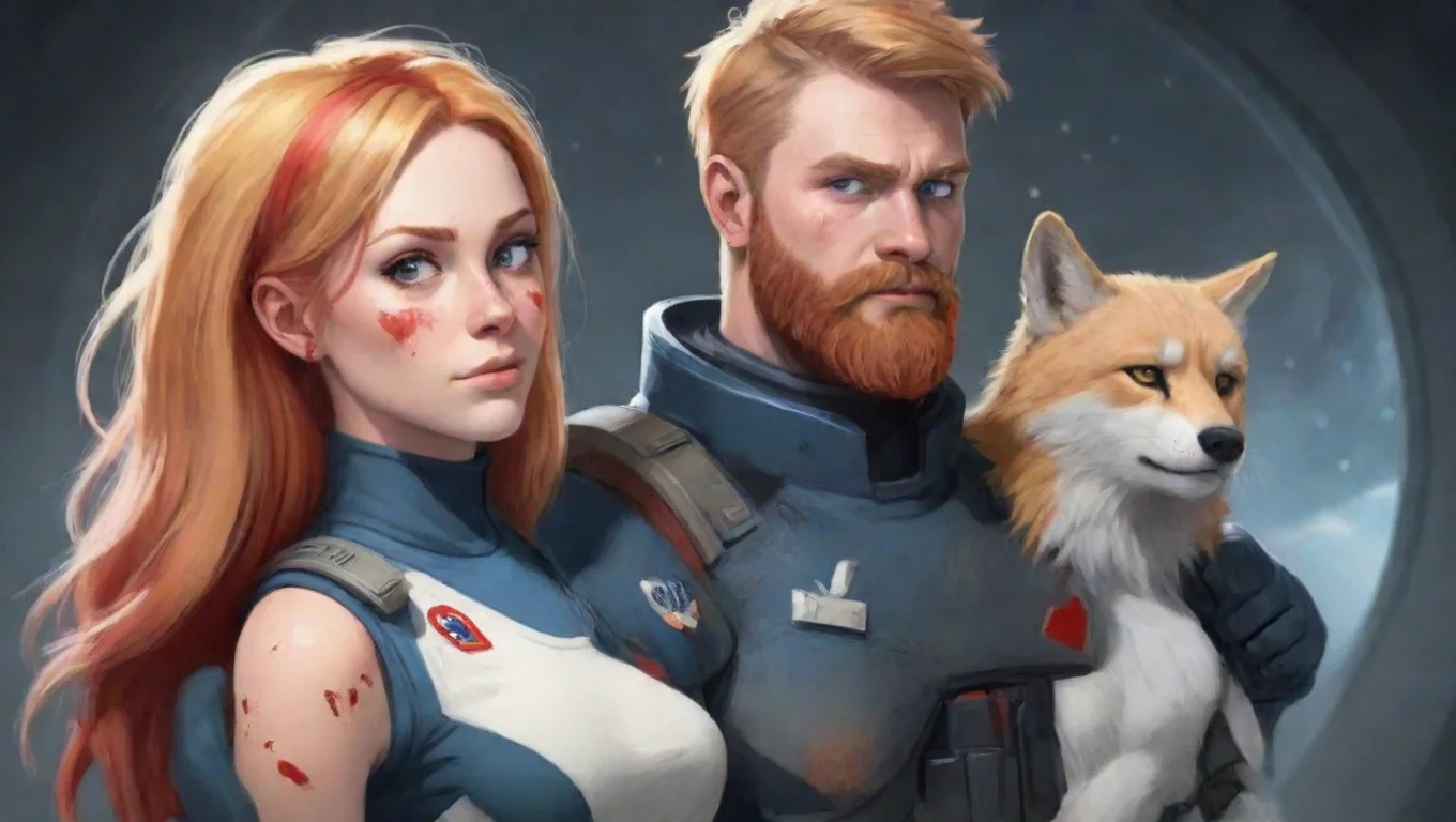 aihigh contrast human blonde bearded man swedish space soldier holding a bloody female anthro furry tomboy redhead woman cartoon 4 widescreen