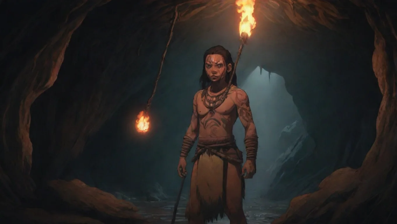 high contrast maori warror in torchlit cave hd ghibli anime aesthetic dark horror 1800 vibe  4 widescreen