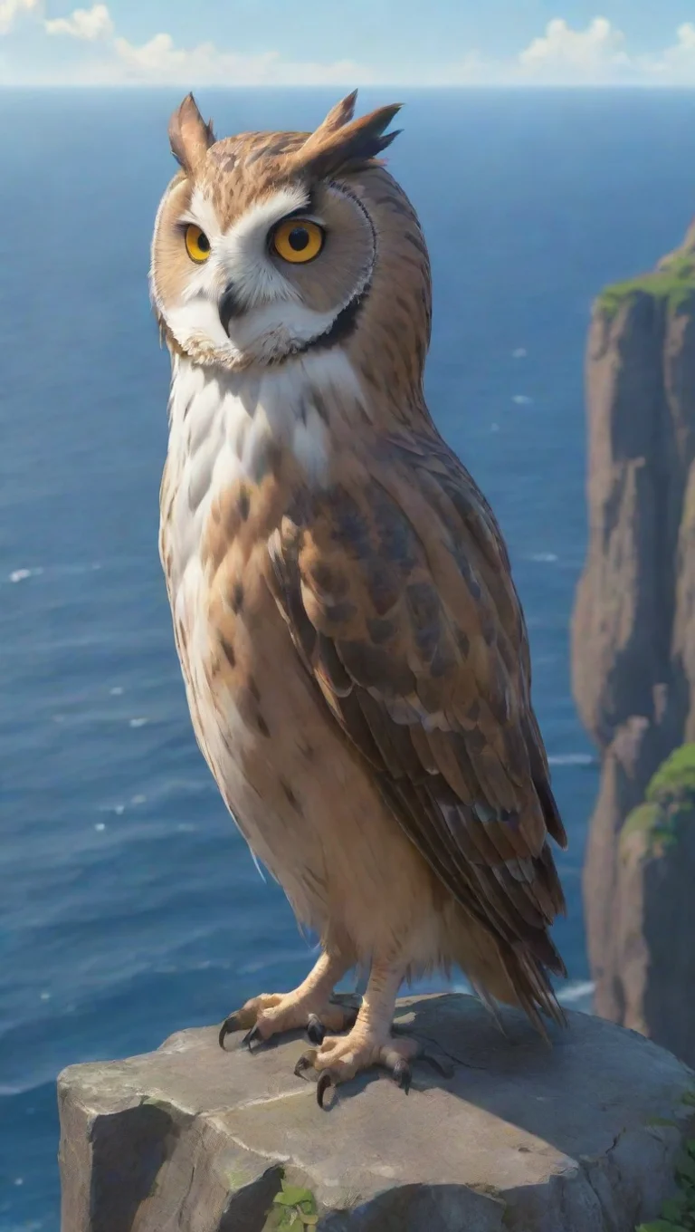 high contrast owl hd aesthetic ghibli style huge gangster own aesthetic perching on cliffs seaside stunning best artstation top 4 tall
