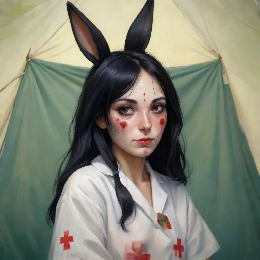high contrast portrait cute wounded anthropomorphic black haired rabbit woman medical tent 4