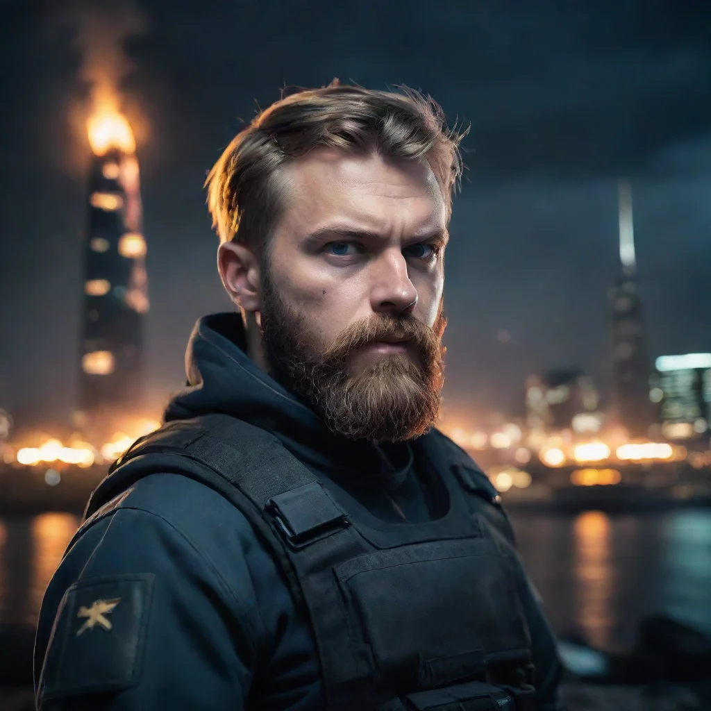 aihigh contrast portrait of a young angry bearded swedish space soldier staring at viewer burning city in background nighttime 4