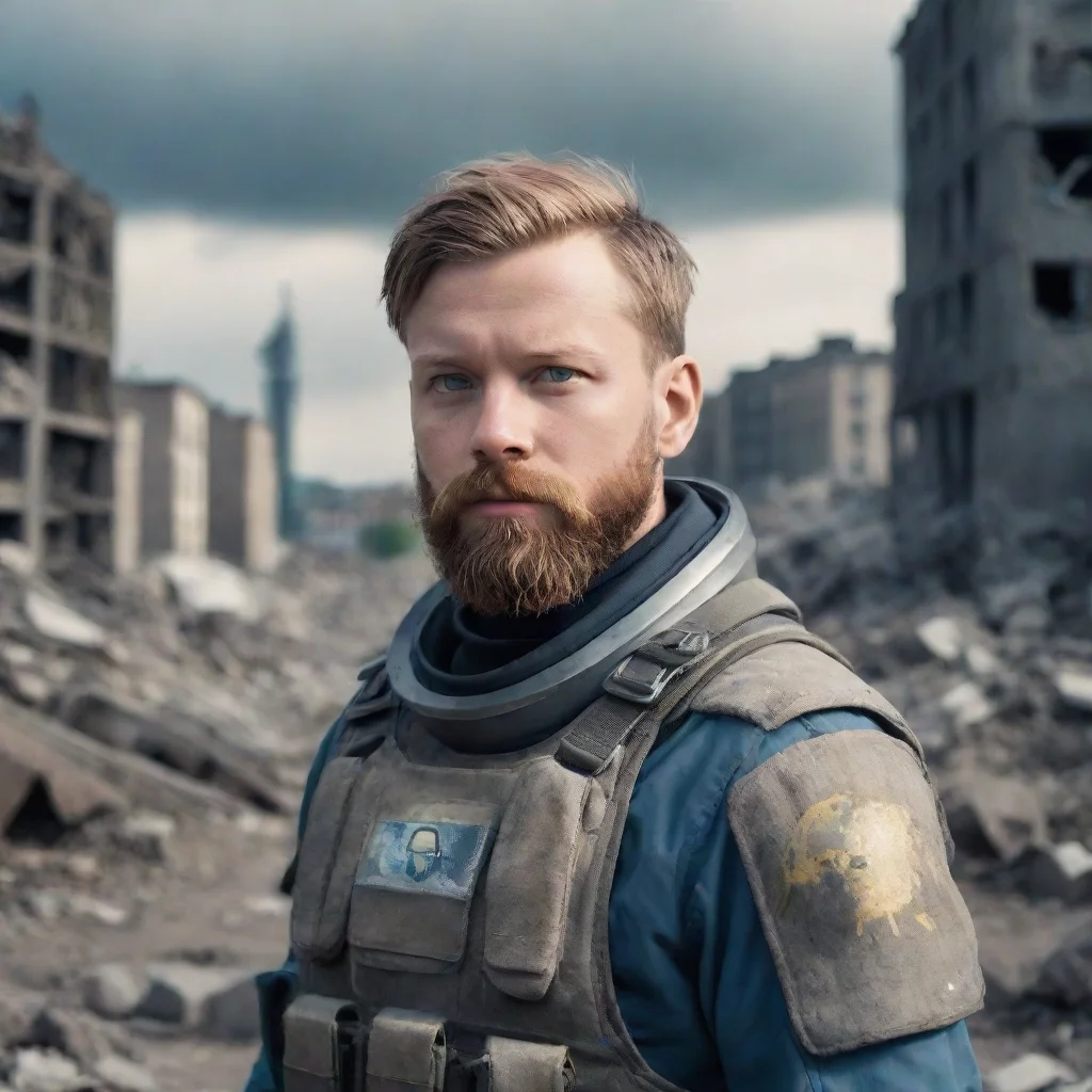 aihigh contrast portrait of a young swedish space soldier with beard. alien city in rubbles in background. 4