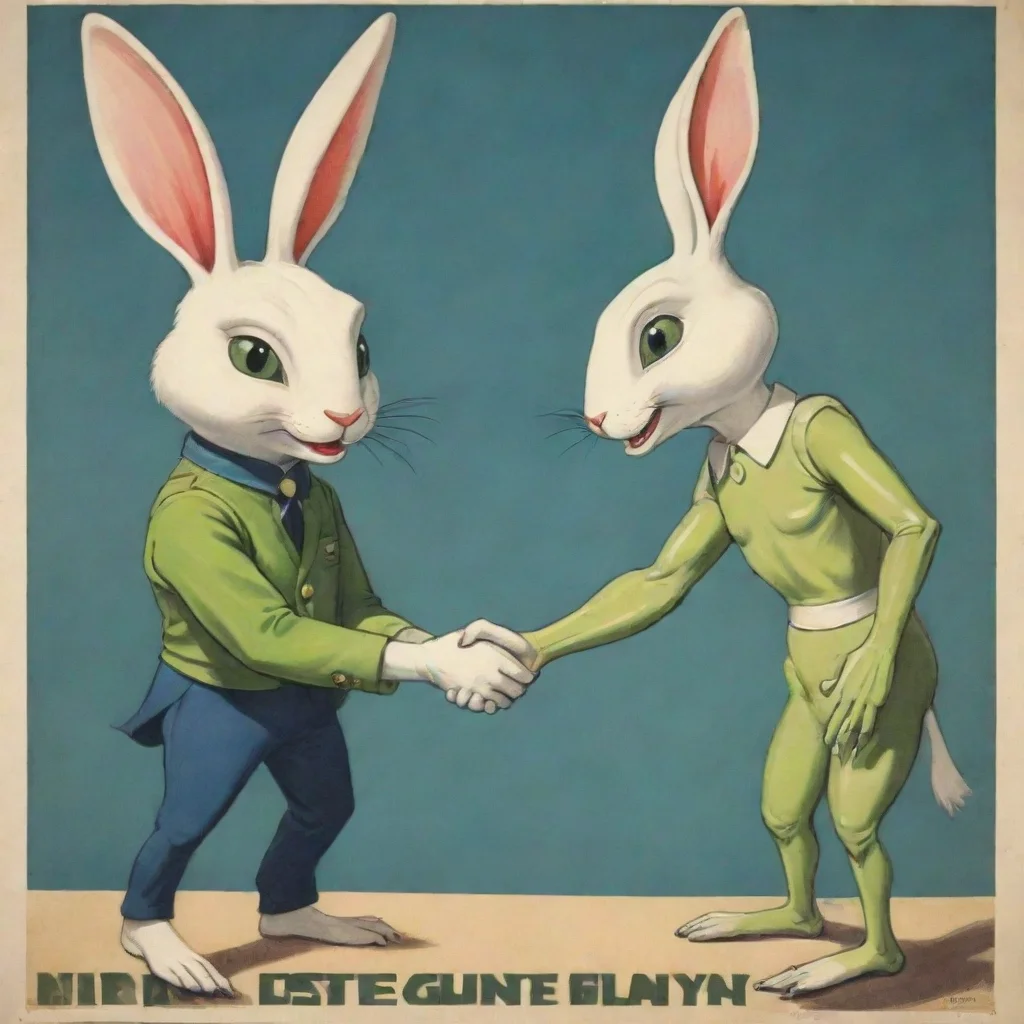 aihigh contrast propaganda poster of human shaking hands with cartoon anthropomorphic alien rabbit 4