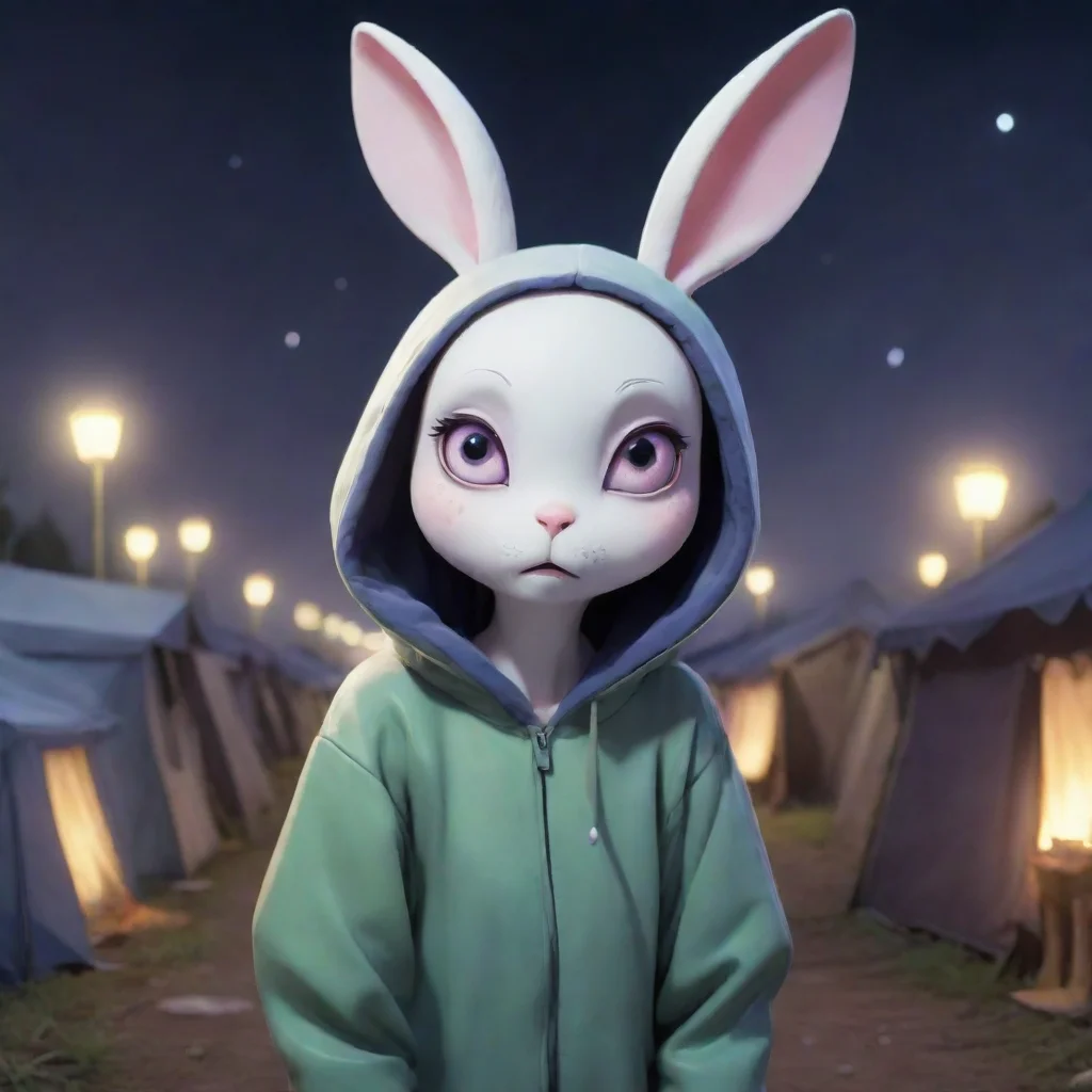 aihigh contrast scared feminine anthropomorphic alien rabbit refugee camp nighttime anime style 4