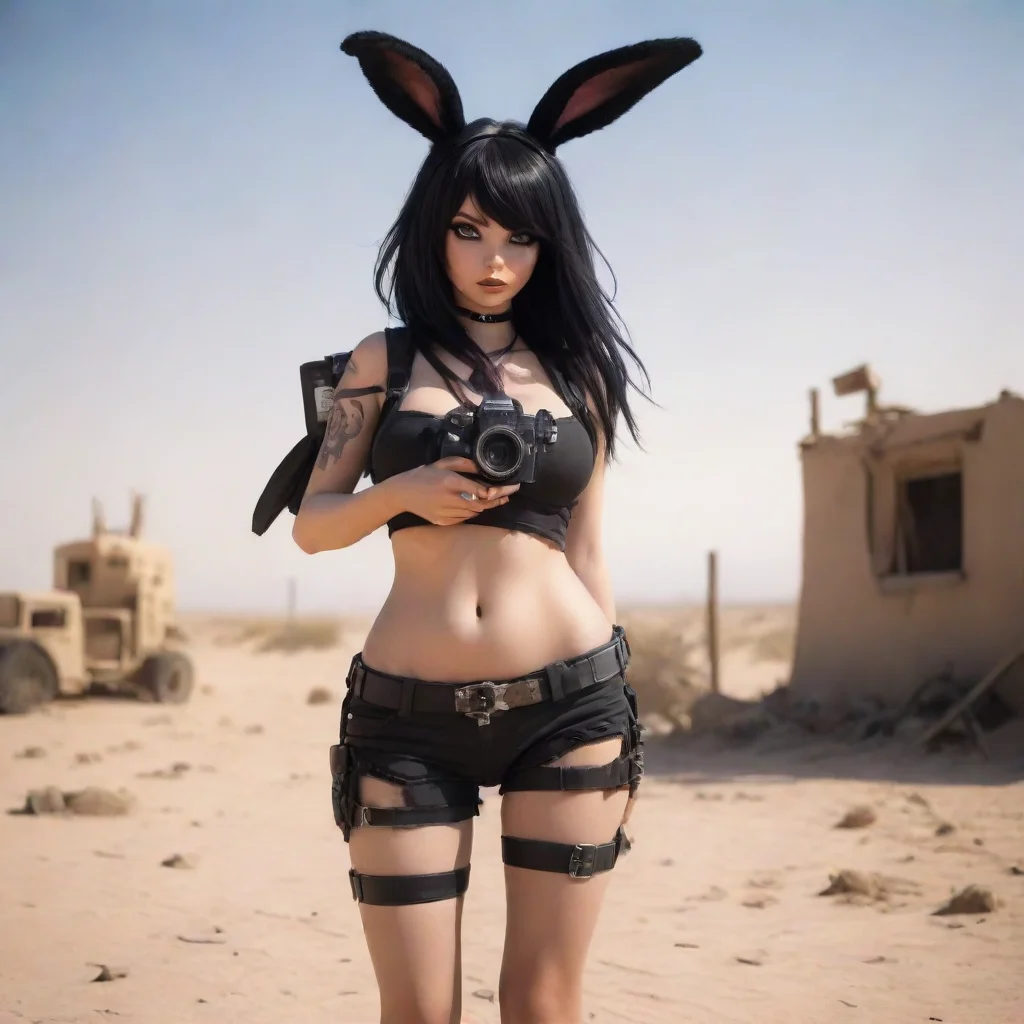 aihigh contrast seductive cartoon anthropomorphic black haired emo rabbit woman with camera in warzone desert hd 4