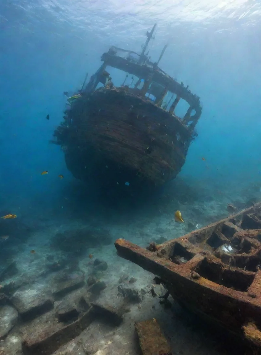high contrast shipwreck with fish swmming around 4 portrait43