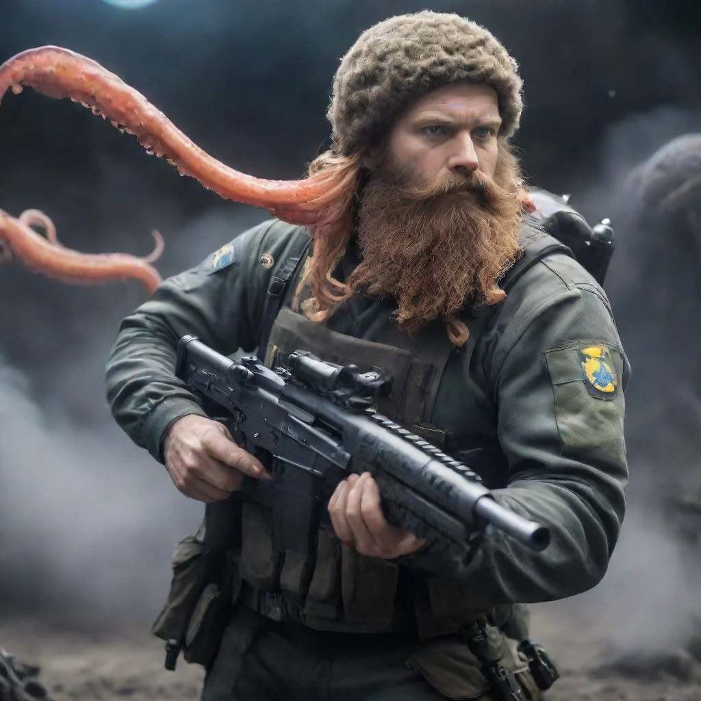 high contrast swedish bearded space soldier shooting a alien squid warzone 4
