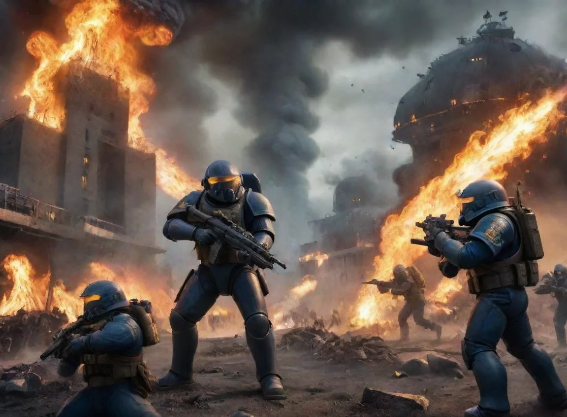 aihigh contrast swedish space marines shooting at alien squid soldiers battlefield burning city war 4 landscape43