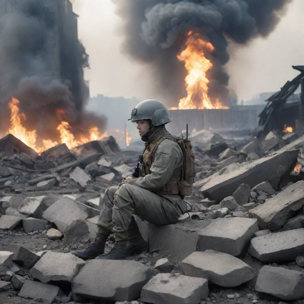 aihigh contrast tired swedish soldier sitting on rubble while sci fi alien city burns in the background 4