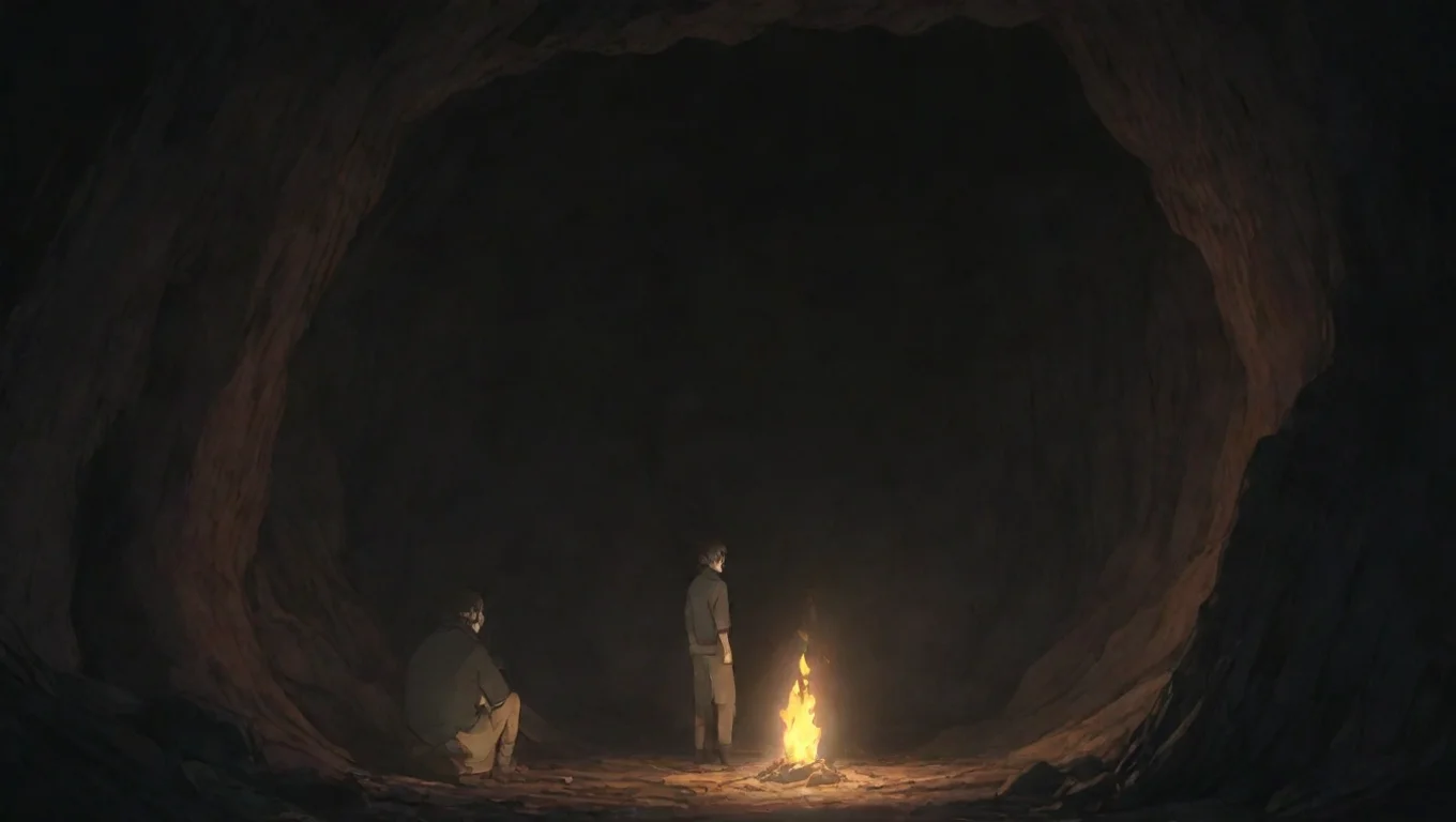 aihigh contrast two men in torchlit cave hd ghibli anime aesthetic dark horror 1800 vibe  4 widescreen