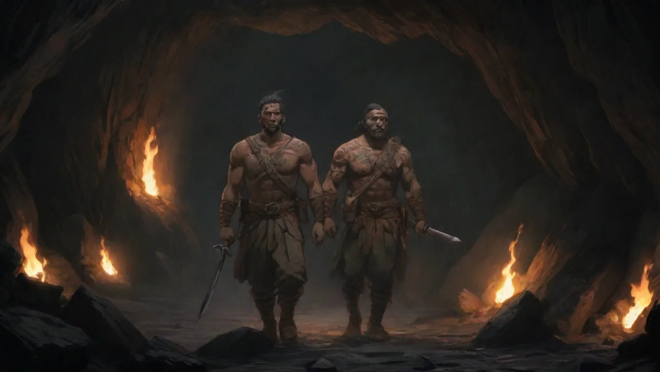 high contrast two soldiers european and maori warrior strong in torchlit cave hd ghibli anime aesthetic dark horror 1800 vibe environment 4 widescreen