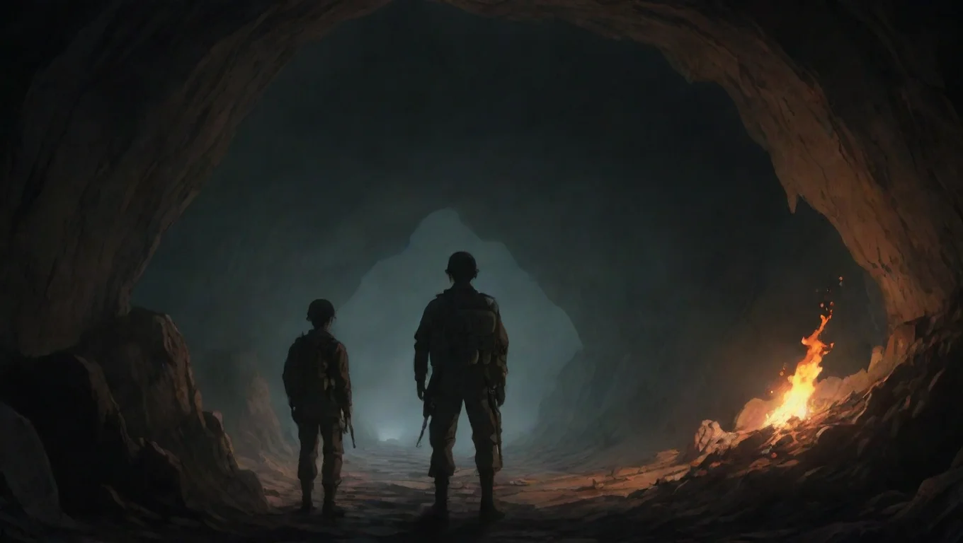 high contrast two soldiers in torchlit cave hd ghibli anime aesthetic dark horror 1800 vibe environment 4 widescreen