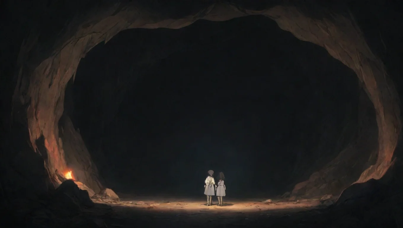 high contrast two warrors in torchlit cave hd ghibli anime aesthetic dark horror 1800 vibe environment 4 widescreen