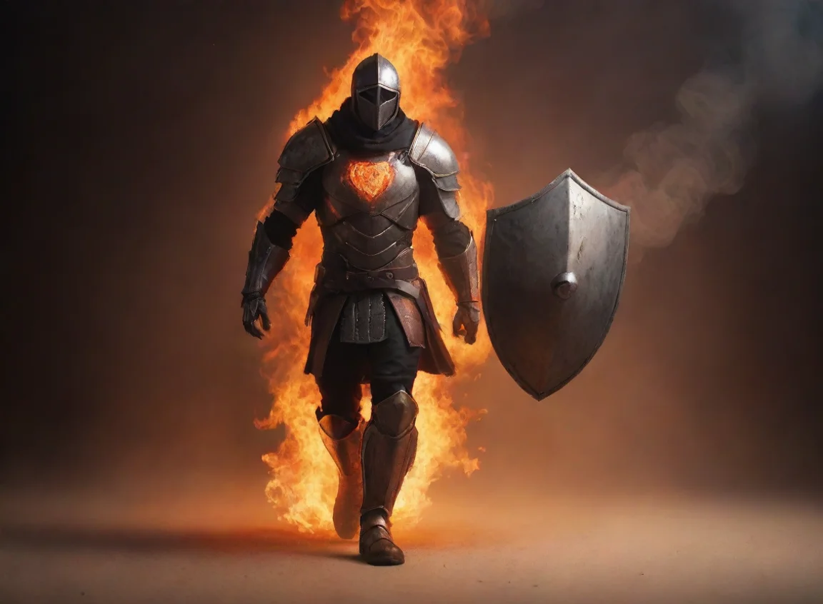 high contrast walking through fire with shield on fire stylized artistic warrior tech model masculine gradient haze interesting 4 landscape43
