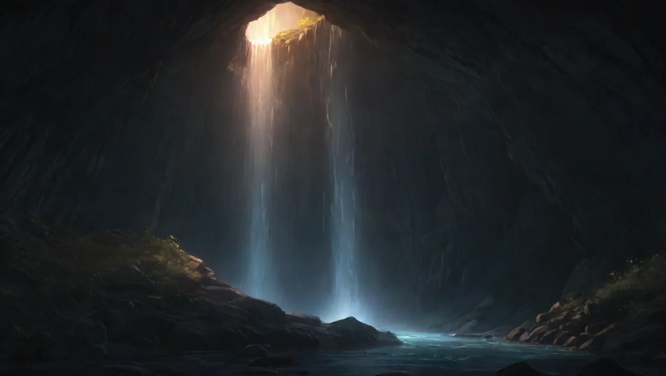 high contrast waterfall in torchlit cave hd ghibli anime aesthetic dark horror 1800 vibe environment lighting 4 widescreen