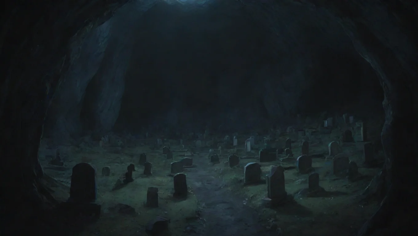 aihigh contrast winding deep  graveyard in cave hd ghibli anime aesthetic dark horror 1800 vibe environment dark no lighting  4 widescreen