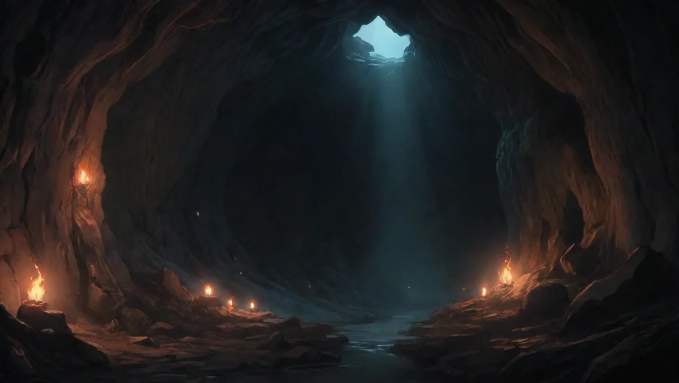 high contrast winding deep torchlit cave hd ghibli anime aesthetic dark horror 1800 vibe environment lit  4 widescreen