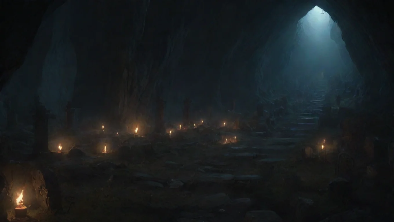 high contrast winding deep torchlit graveyard in cave hd ghibli anime aesthetic dark horror 1800 vibe environment lit  4 widescreen