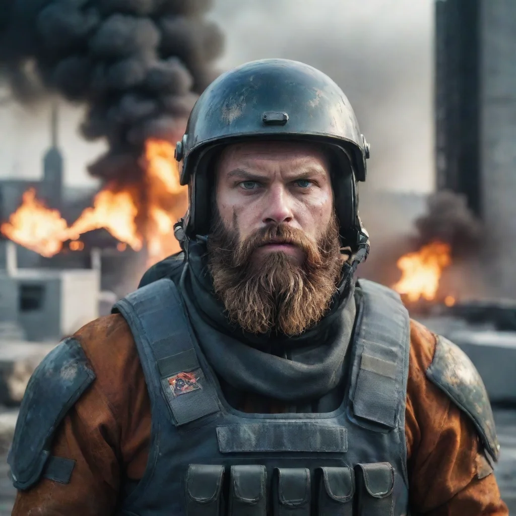 aihigh contrast young angry bloody scary bearded swedish space soldier staring at viewer frontal view burning city in background 4