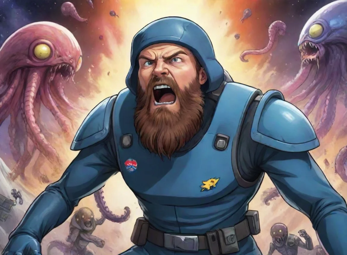 aihigh contrast young bearded angry screaming swedish space soldier man fighting alien squids wars anime style cartoon 4 landscape43