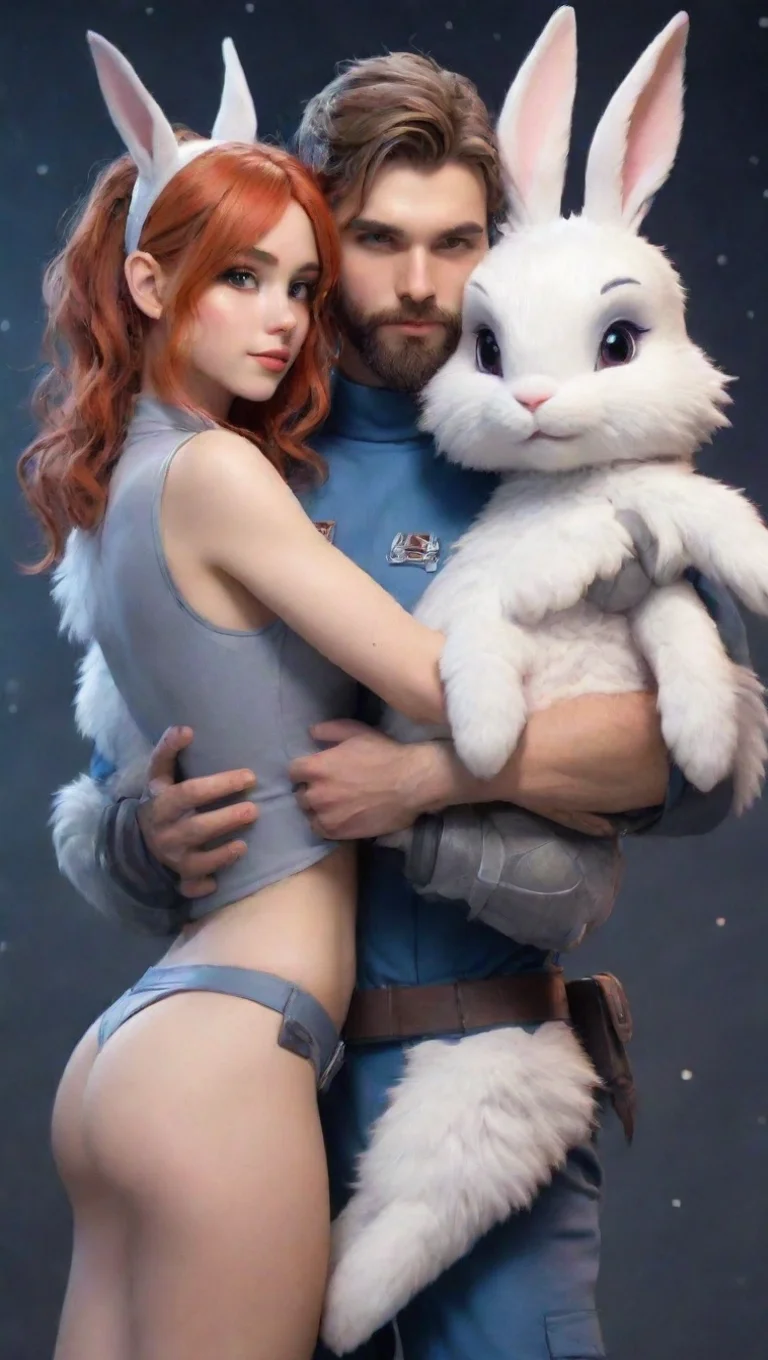 high contrast young bearded human space soldier man holding anthro furry bunnygirl couple lovers hd 4 tall