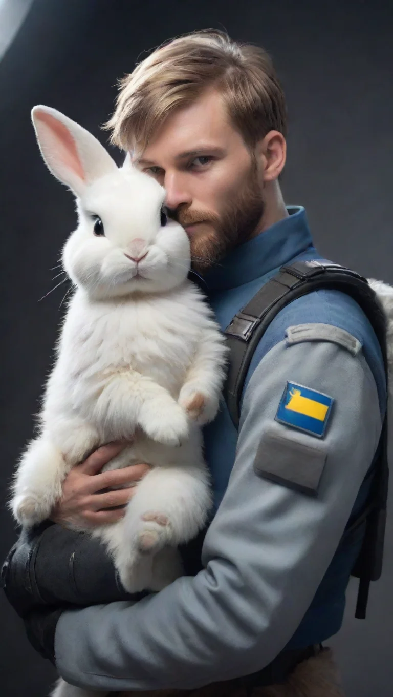 aihigh contrast young bearded human swedish space soldier hugging a femenine anthropomorphic furry rabbit hd 4 tall