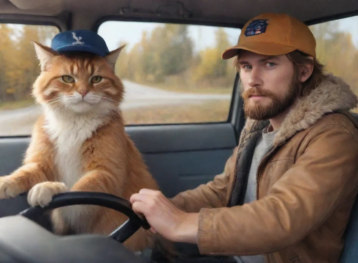 aihigh contrast young bearded swedish human trucker man with baseballcap driving with anthro furry catgirl tomboy couple lovers autumn hd 4 landscape43