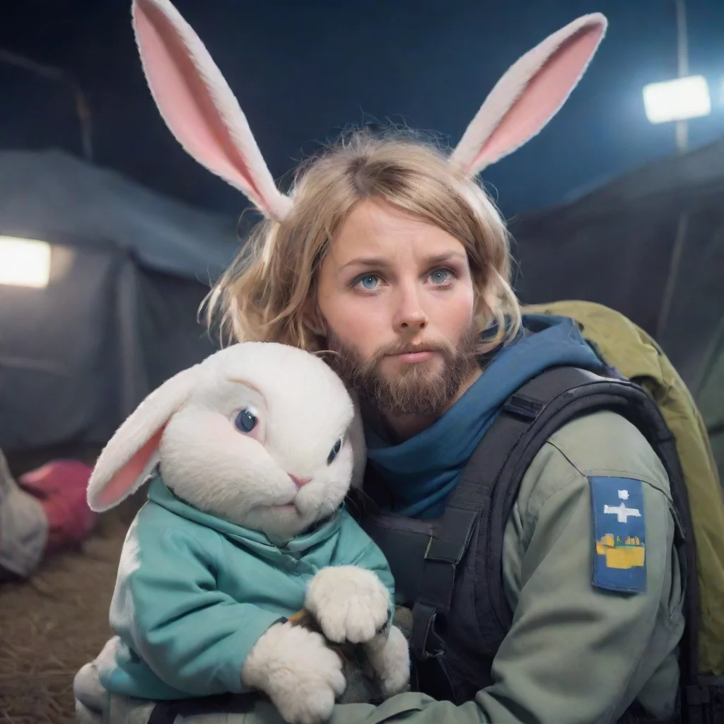 aihigh contrast young bearded swedish space soldier comfort scared anthropomorphic alien rabbit woman at refugee camp anime style 4