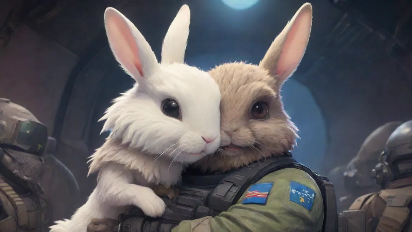 aihigh contrast young bearded swedish space soldier hugging alien furry rabbit in warzone anime style cartoon 4 widescreen
