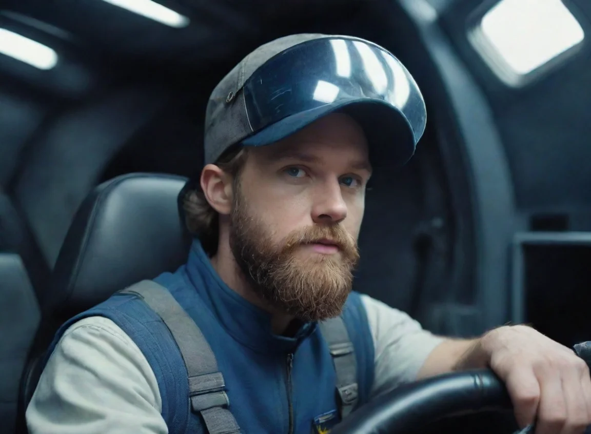 high contrast young bearded swedish space trucker man with baseballcap driving spaceship sci fi hd 4 landscape43