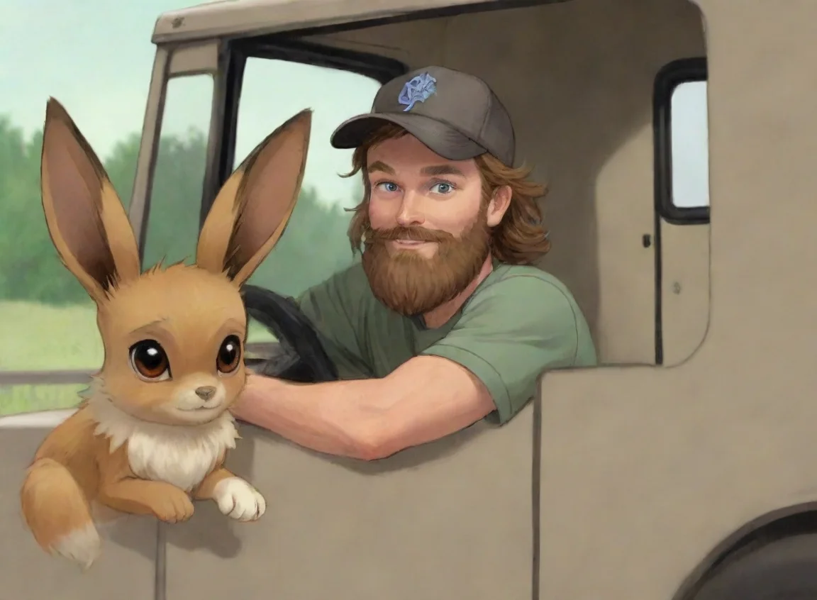 high contrast young bearded swedish travis grady driving hauler truck with pet eevee cartoon 4 landscape43