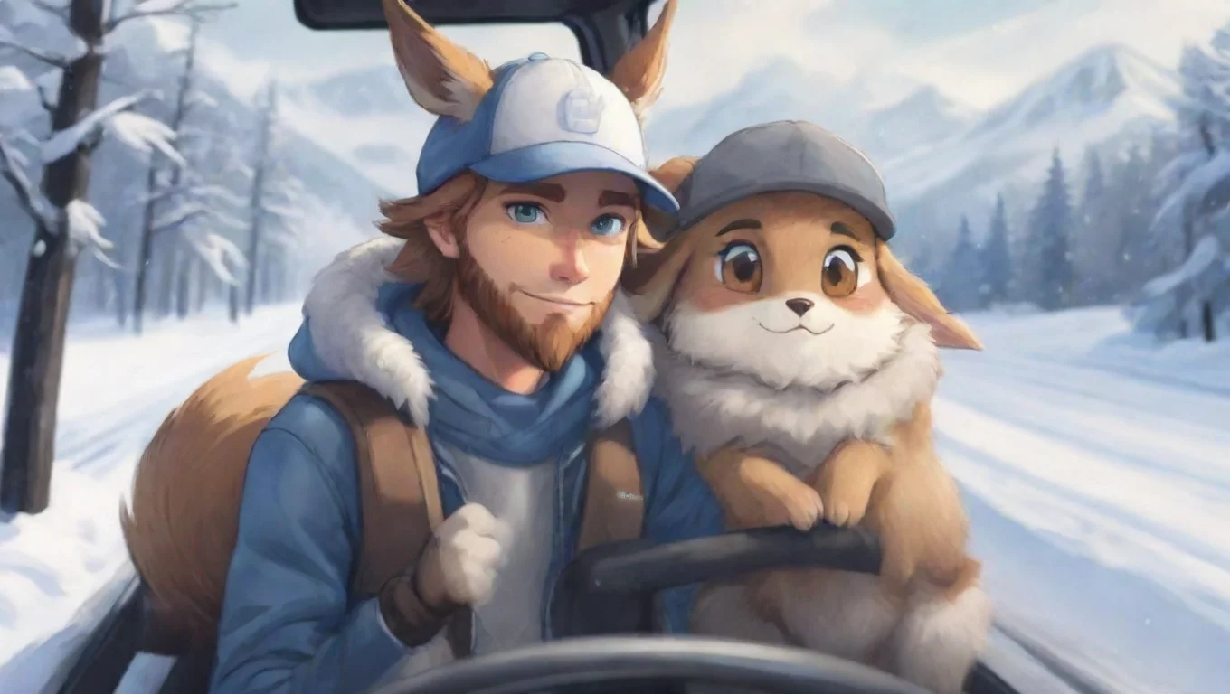 aihigh contrast young bearded swedish trucker human man with baseballcap driving with anthro furry eevee woman couple lovers winterlandscape cartoon anime style 4 widescreen