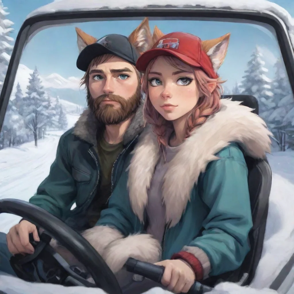 aihigh contrast young bearded swedish trucker man with baseballcap driving with anthro furry punk catgirl couple lovers winterlanscape anime style 4