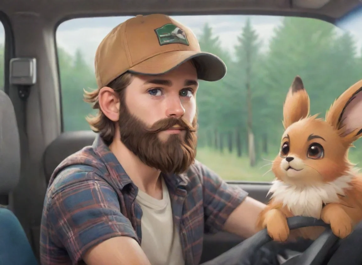 high contrast young bearded swedish trucker man with baseballcap flannel driving with pet eevee anime style cartoon 4 landscape43
