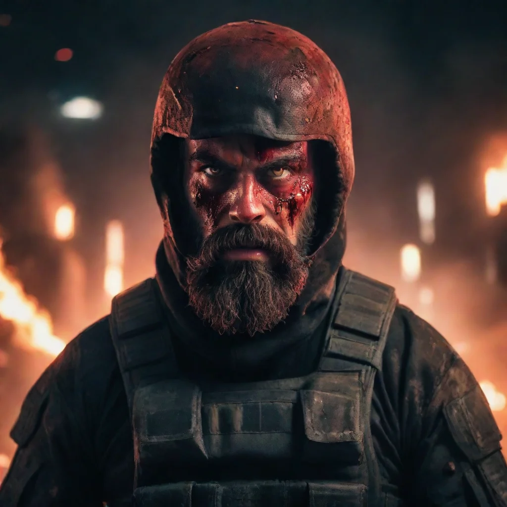 high contrast young scary angry swedih space soldier bearded covered in blood staring at viewer frontal view city on fire in background nighttime 4