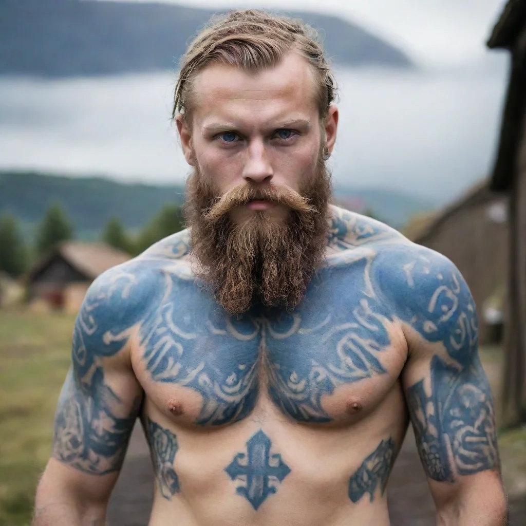 high contrast young swedish bearded man viking blue tattoos village 4