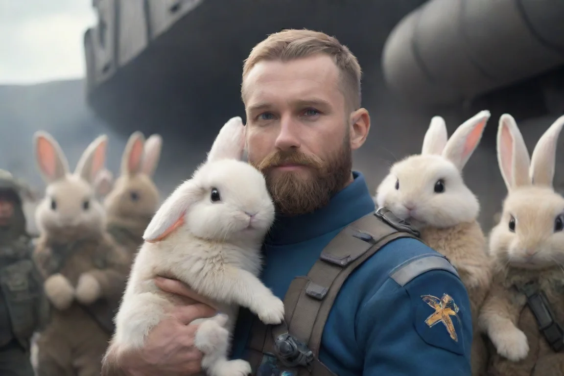 aihigh contrast young swedish bearded space soldier hugging a cute furry alien rabbit parade hd 4 landscape