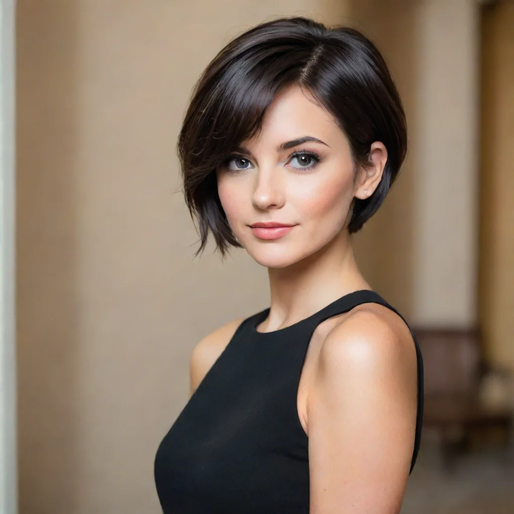 aihigh contrast young woman with short dark hair that stops just above her shoulders. obviously wealthy. 4