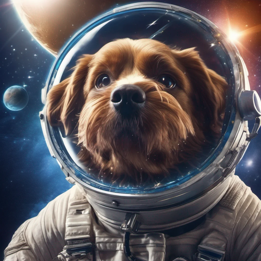 aihigh detailed image of a dog in an astronaut suit hovering in space with planets stars include  lens flares moons and ultra realistic poster style image amazing awesome portrait 2