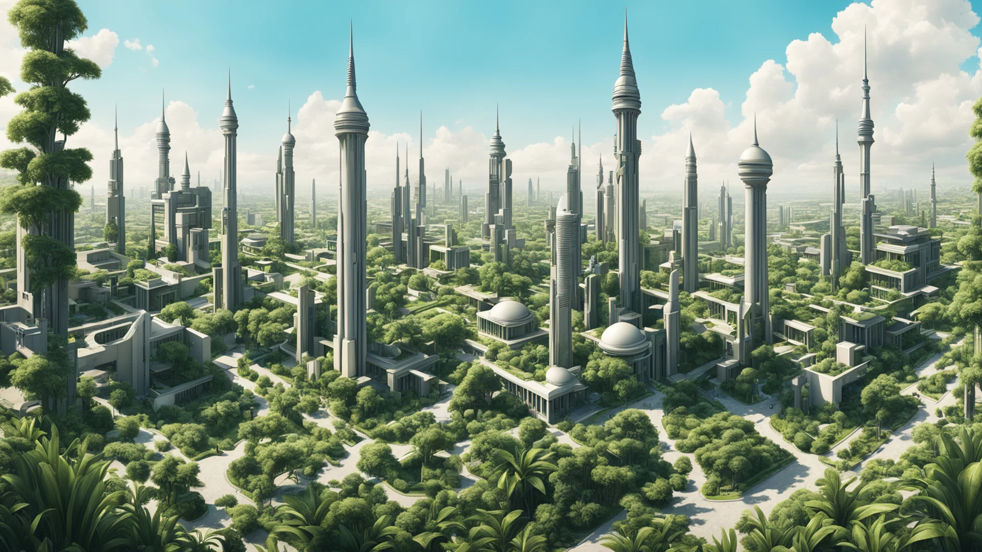 highly detailed futuristic suburban area with a minaret in between and vegetation in forms of buildings   confident engaging wow artstation art 3 wide