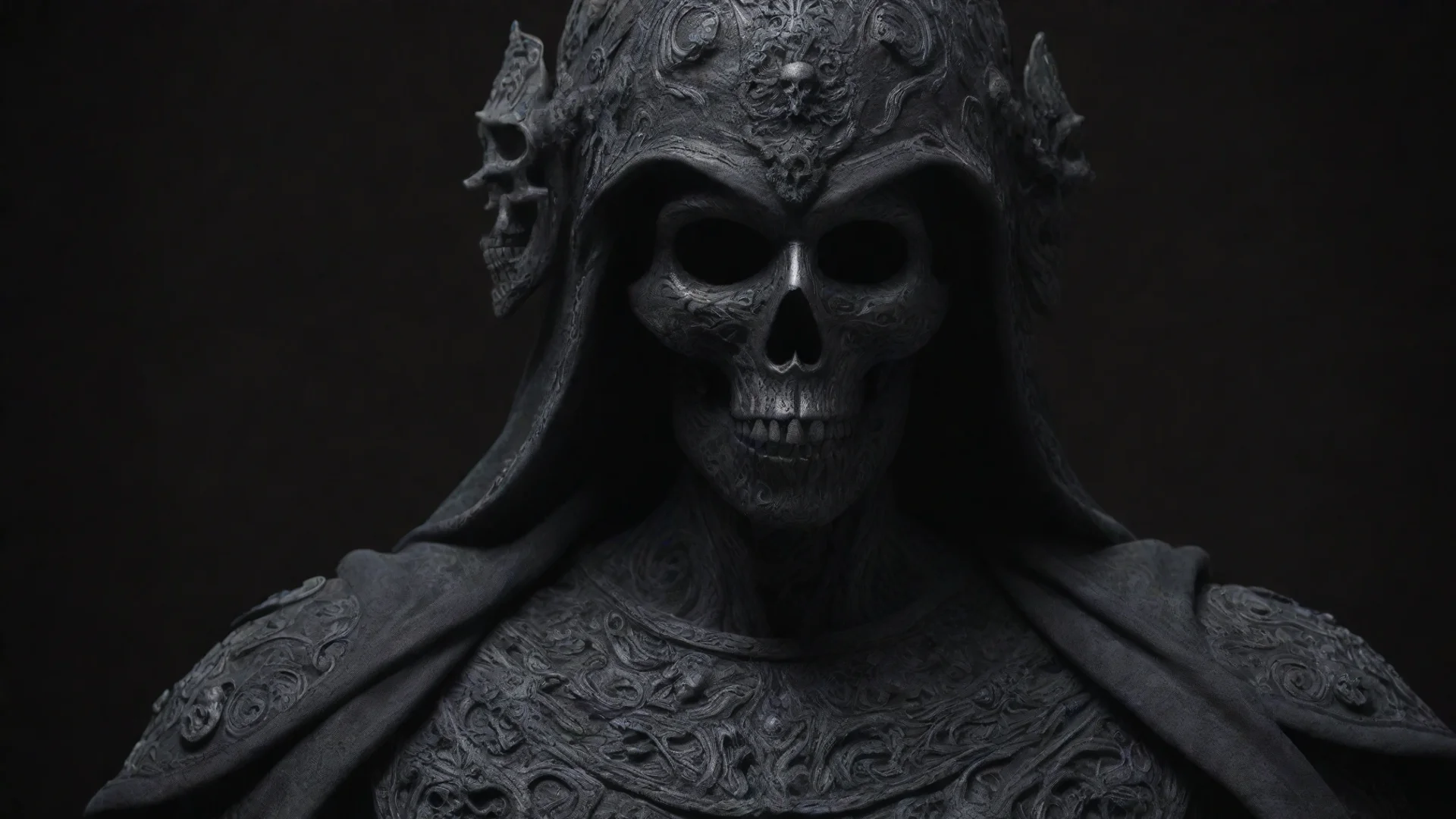 aihighly detailed stunning image of a cultist of eternal end etched withintricate black silk armor clay in 3d render byzantine with dark background with skulls hdwidescreen