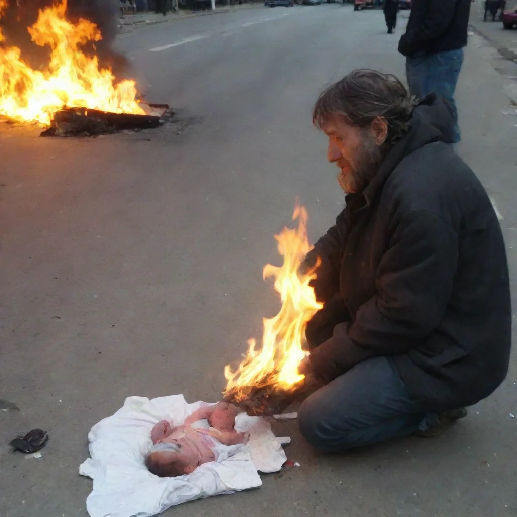 homeless man burning a baby