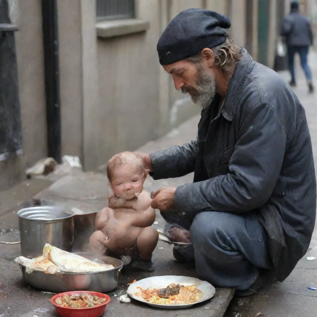 homeless man cooking a baby