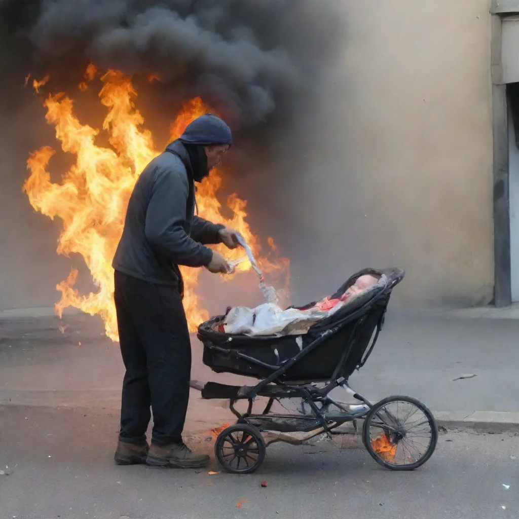 aihomeless man setting a baby in a buggy on fire