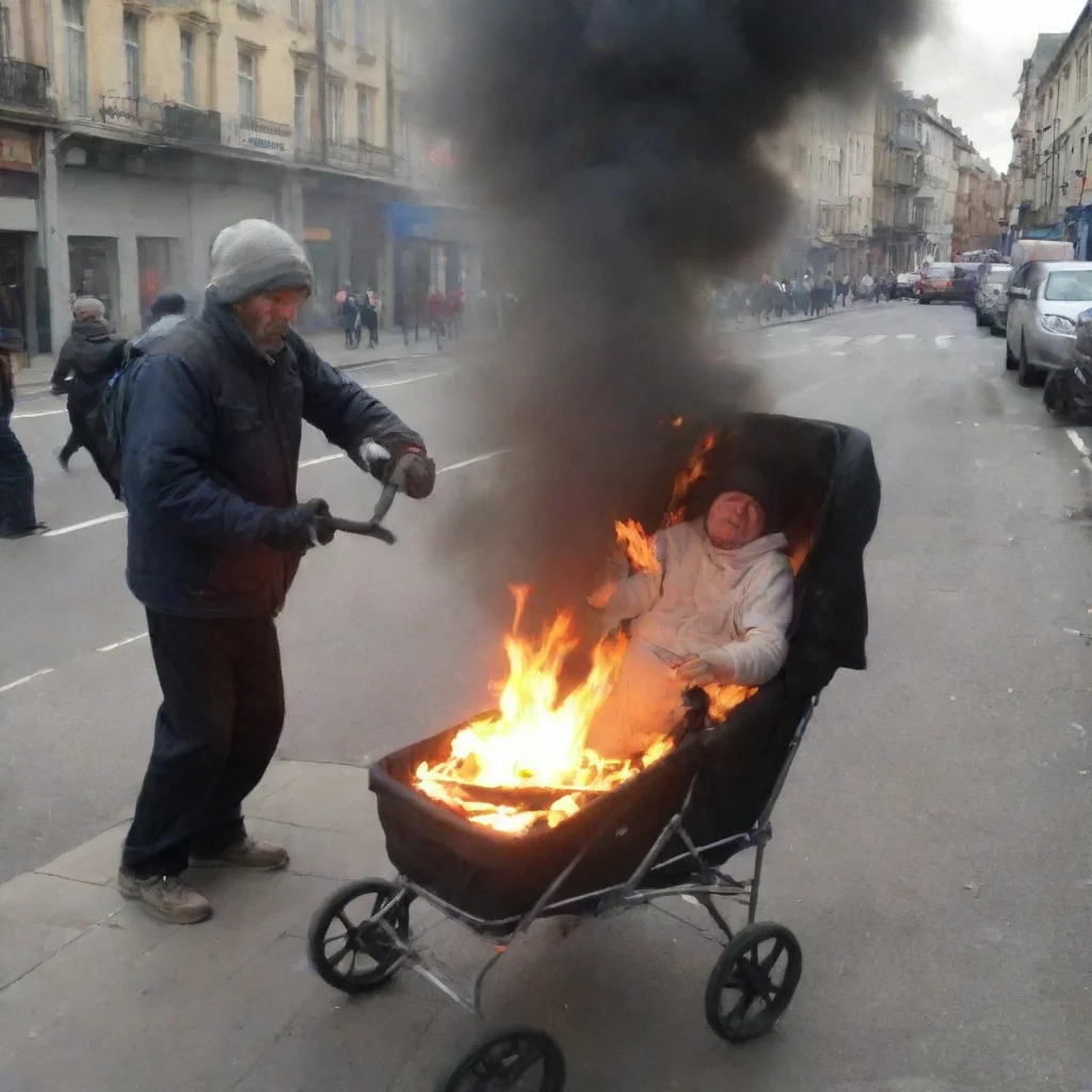 aihomeless man setting a baby in a pram on fire