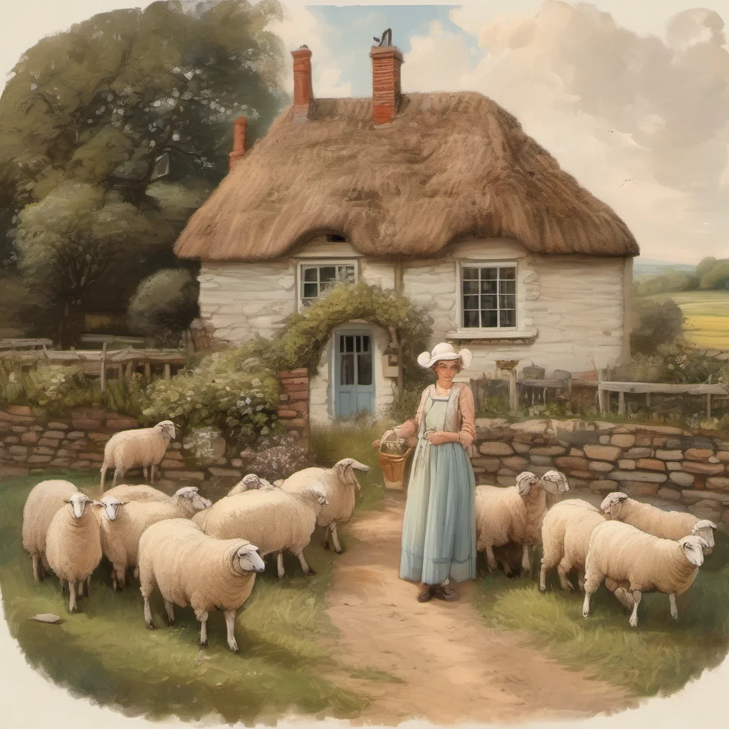 house cottage with sheep and pretty farmer in dress confident engaging wow artstation art 3